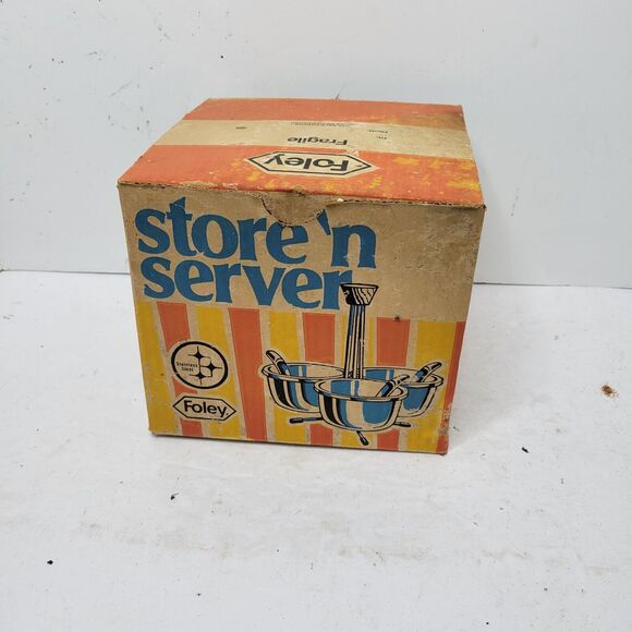 Vtg Foley Store'n Server 3 Bowl Set Spoons Lids Serving Stand Original Box Retro - Picture 2 of 16